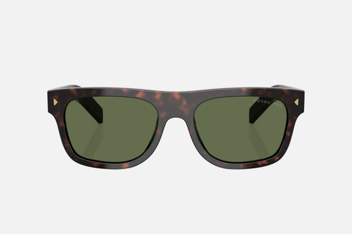Prada PR B12S 17N20G square sunglasses for men in full rim acetate, with havana frame, and green lenses. 55mm in lens size, 19mm in bridge size, and 145mm in temple length.