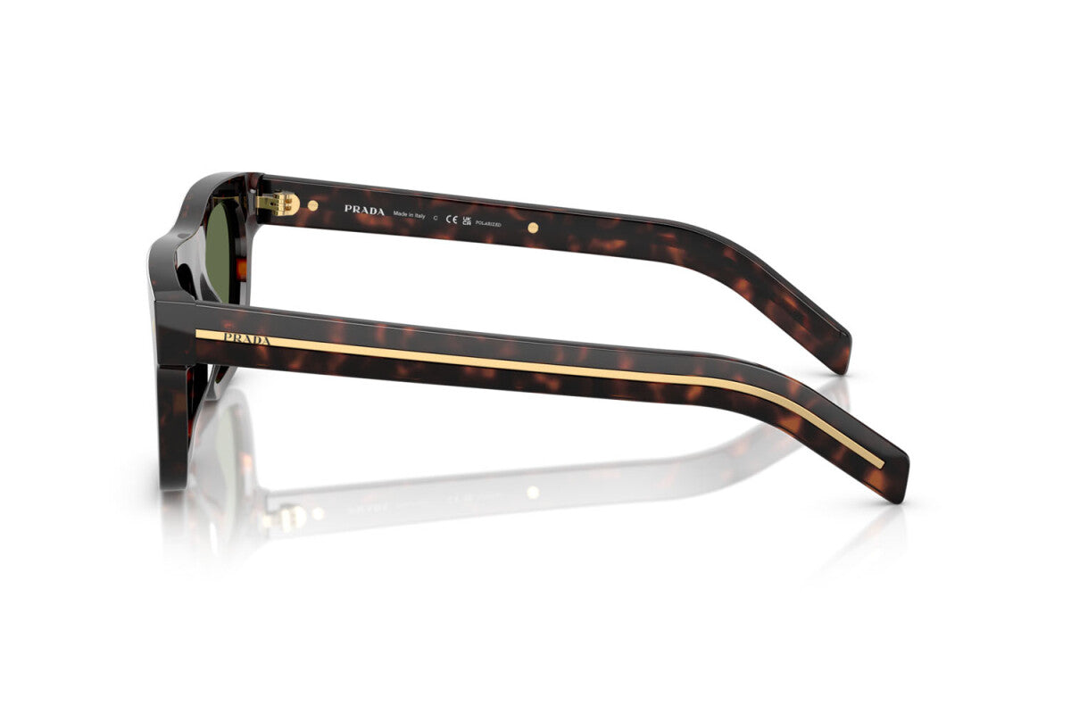 Prada PR B12S 17N20G square sunglasses for men in full rim acetate, with havana frame, and green lenses. 55mm in lens size, 19mm in bridge size, and 145mm in temple length.