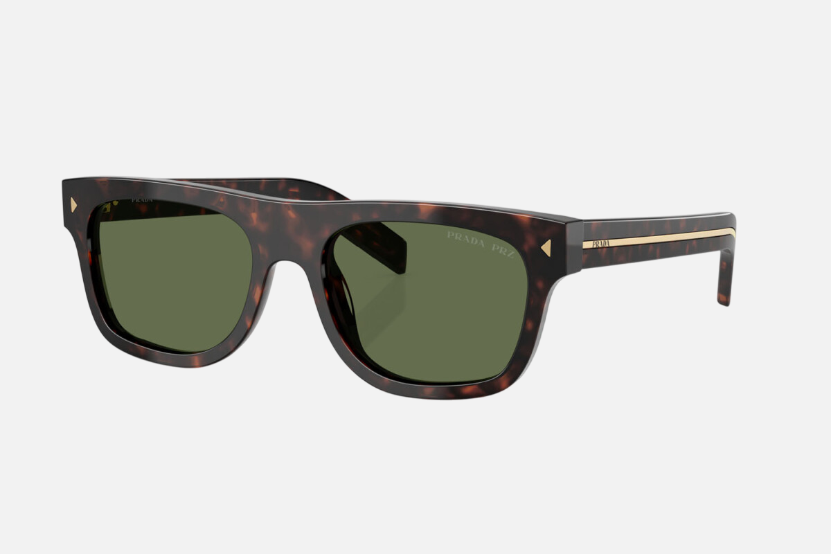 Prada PR B12S 17N20G square sunglasses for men in full rim acetate, with havana frame, and green lenses. 55mm in lens size, 19mm in bridge size, and 145mm in temple length.