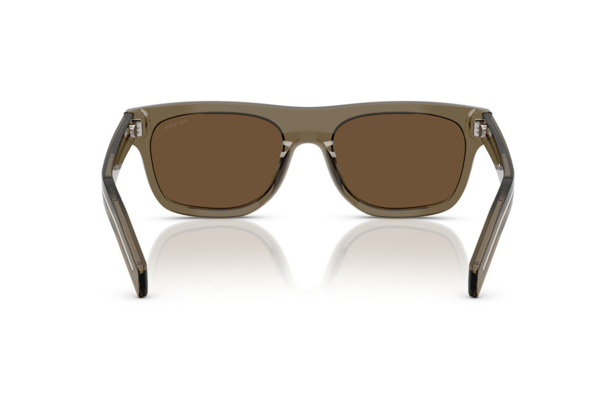 Prada PR B12S 18T70F square sunglasses for men in full rim acetate, with transparent brown frame, and dark brown lenses. 55mm in lens size, 19mm in bridge size, and 145mm in temple length.