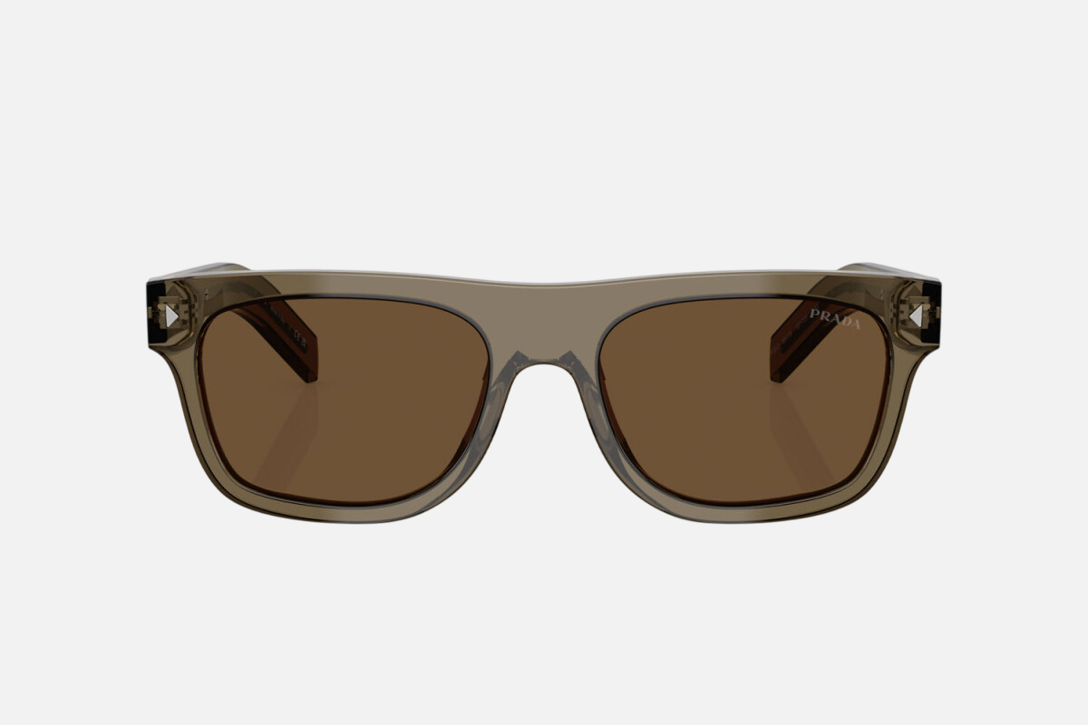 Prada PR B12S 18T70F square sunglasses for men in full rim acetate, with transparent brown frame, and dark brown lenses. 55mm in lens size, 19mm in bridge size, and 145mm in temple length.