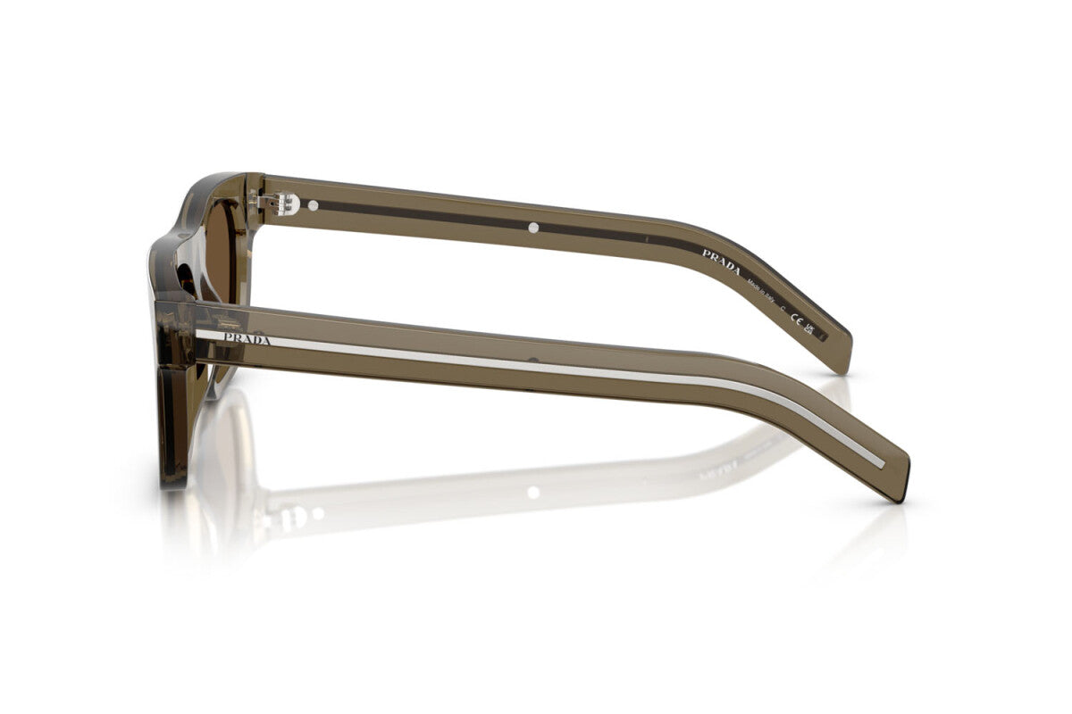 Prada PR B12S 18T70F square sunglasses for men in full rim acetate, with transparent brown frame, and dark brown lenses. 55mm in lens size, 19mm in bridge size, and 145mm in temple length.