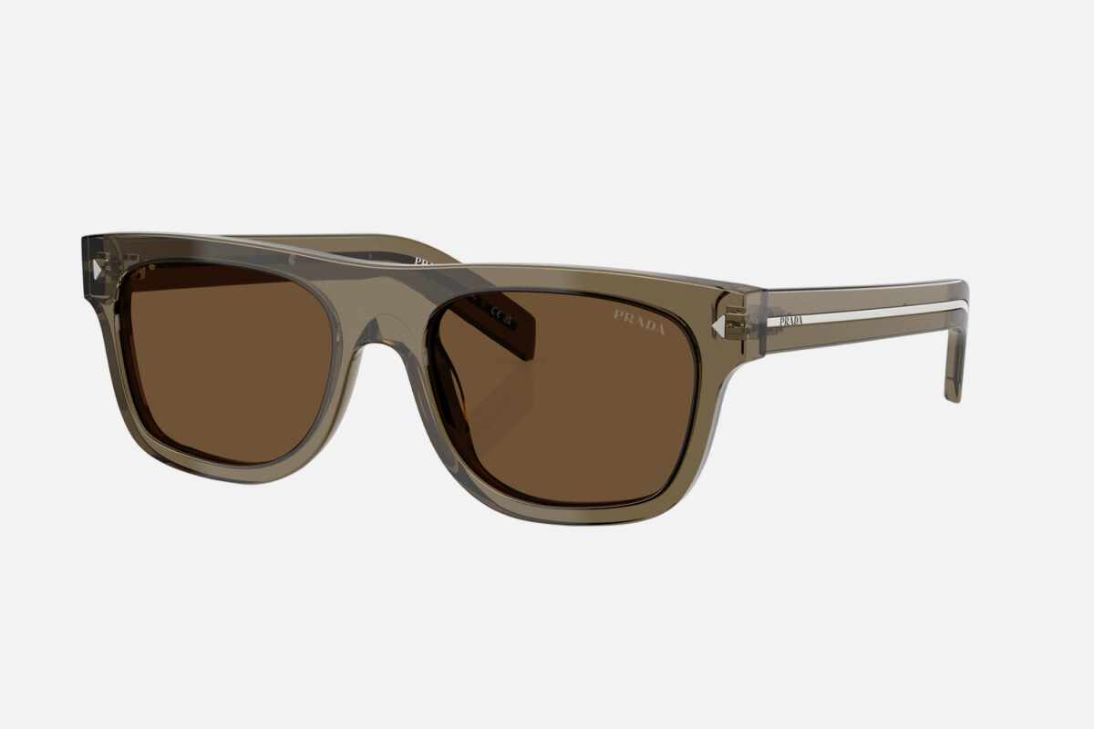 Prada PR B12S 18T70F square sunglasses for men in full rim acetate, with transparent brown frame, and dark brown lenses. 55mm in lens size, 19mm in bridge size, and 145mm in temple length.