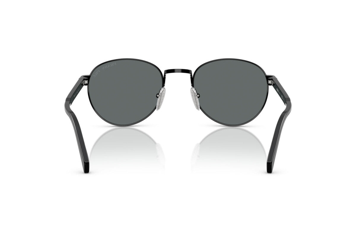 Prada PR B51S 1AB5Z1 oval sunglasses for men in full rim metal, with glossy black frame, and black lenses. 53mm in lens size, 21mm in bridge size, and 145mm in temple length.