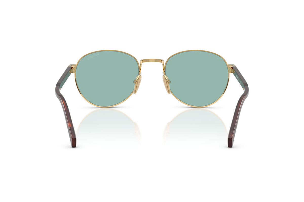 Prada PR B51S 5AK40K oval sunglasses for men in full rim metal, with shiny gold frame, and green lenses. 53mm in lens size, 21mm in bridge size, and 145mm in temple length.