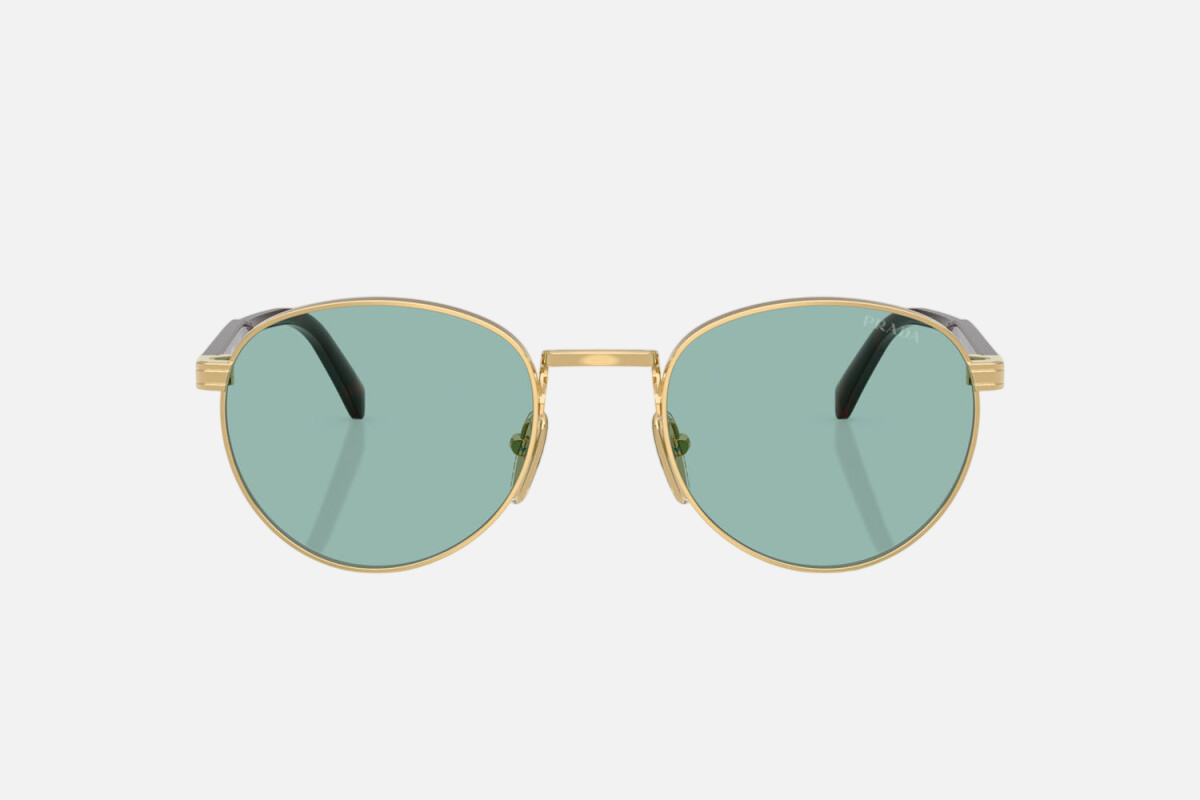 Prada PR B51S 5AK40K oval sunglasses for men in full rim metal, with shiny gold frame, and green lenses. 53mm in lens size, 21mm in bridge size, and 145mm in temple length.
