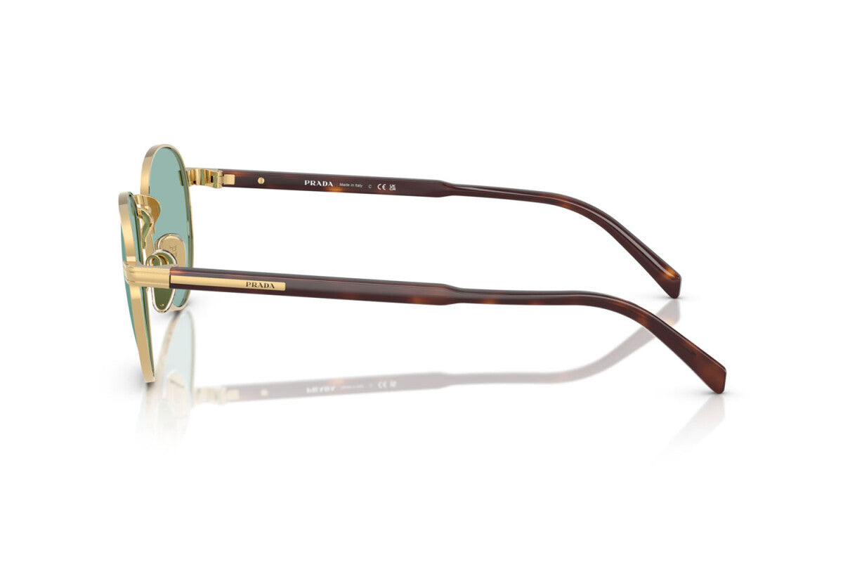 Prada PR B51S 5AK40K oval sunglasses for men in full rim metal, with shiny gold frame, and green lenses. 53mm in lens size, 21mm in bridge size, and 145mm in temple length.