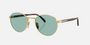 Prada PR B51S 5AK40K oval sunglasses for men in full rim metal, with shiny gold frame, and green lenses. 53mm in lens size, 21mm in bridge size, and 145mm in temple length.