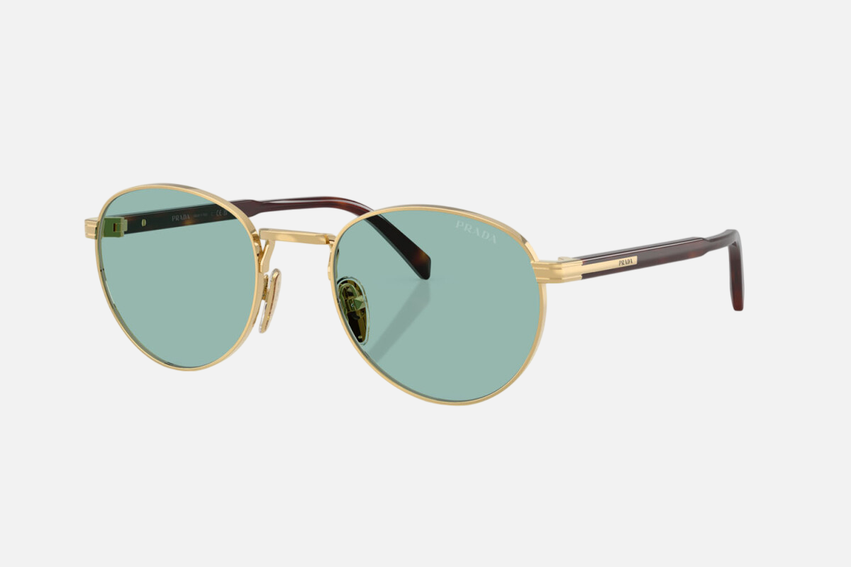 Prada PR B51S 5AK40K oval sunglasses for men in full rim metal, with shiny gold frame, and green lenses. 53mm in lens size, 21mm in bridge size, and 145mm in temple length.