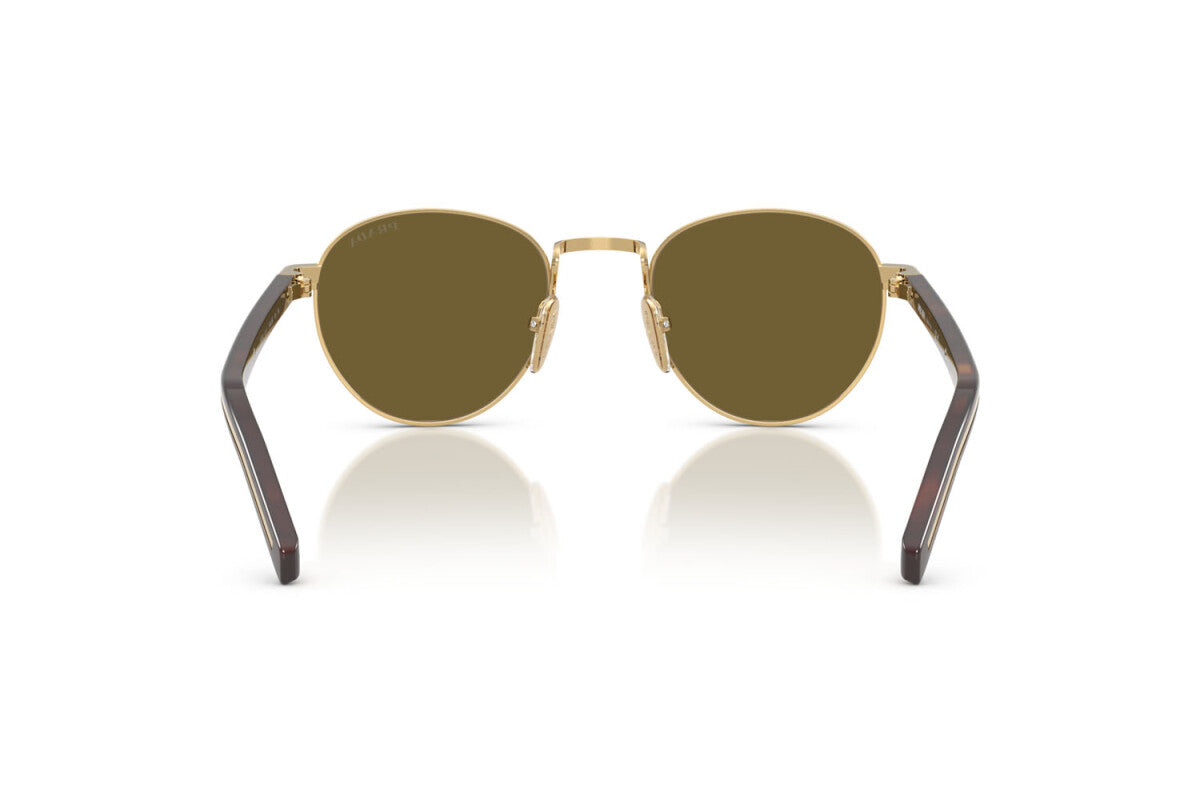 Prada PR B52S 5AK09Z round sunglasses for women in full rim steel, with gold frame, and dark brown lenses.