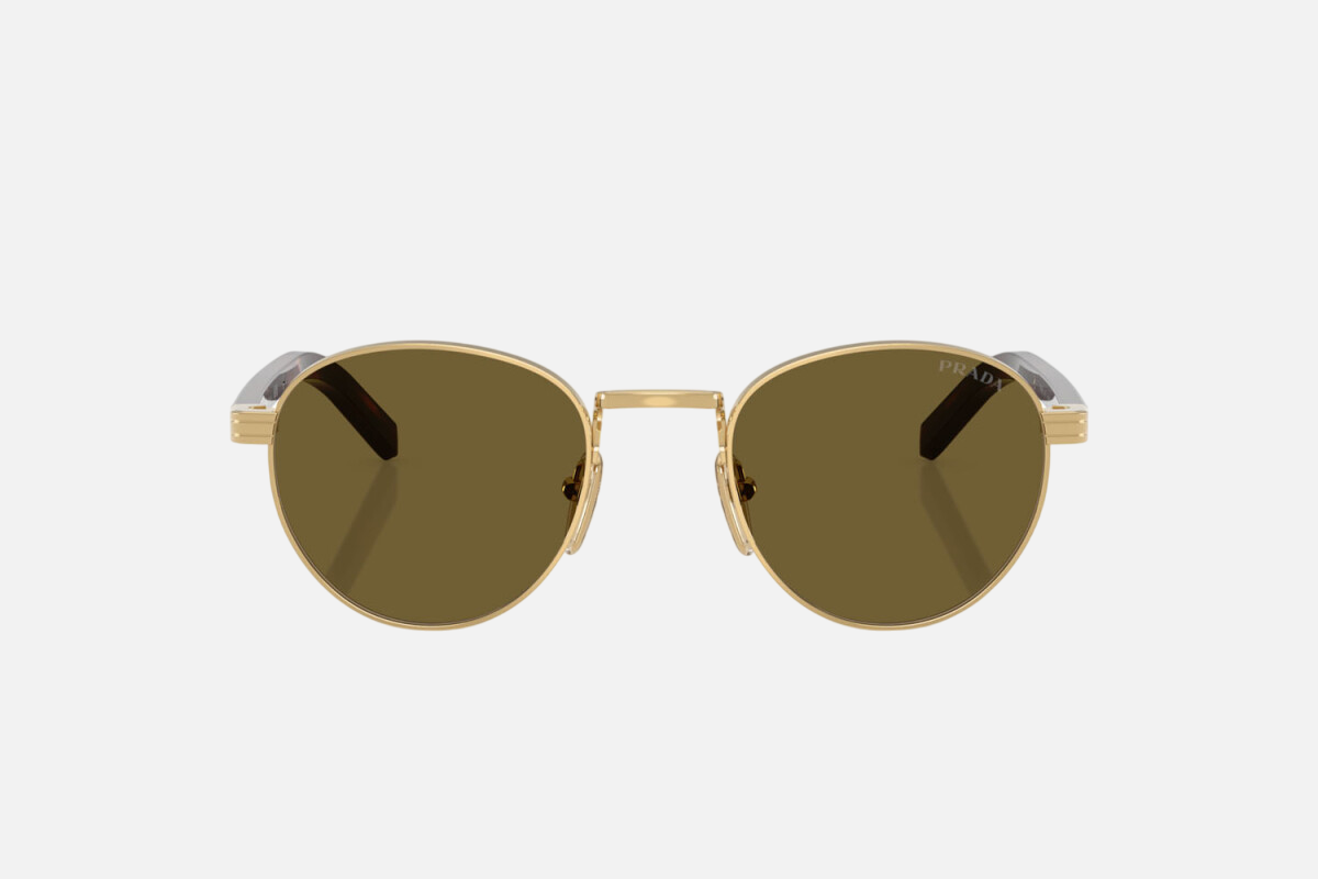 Prada PR B52S 5AK09Z round sunglasses for women in full rim steel, with gold frame, and dark brown lenses.