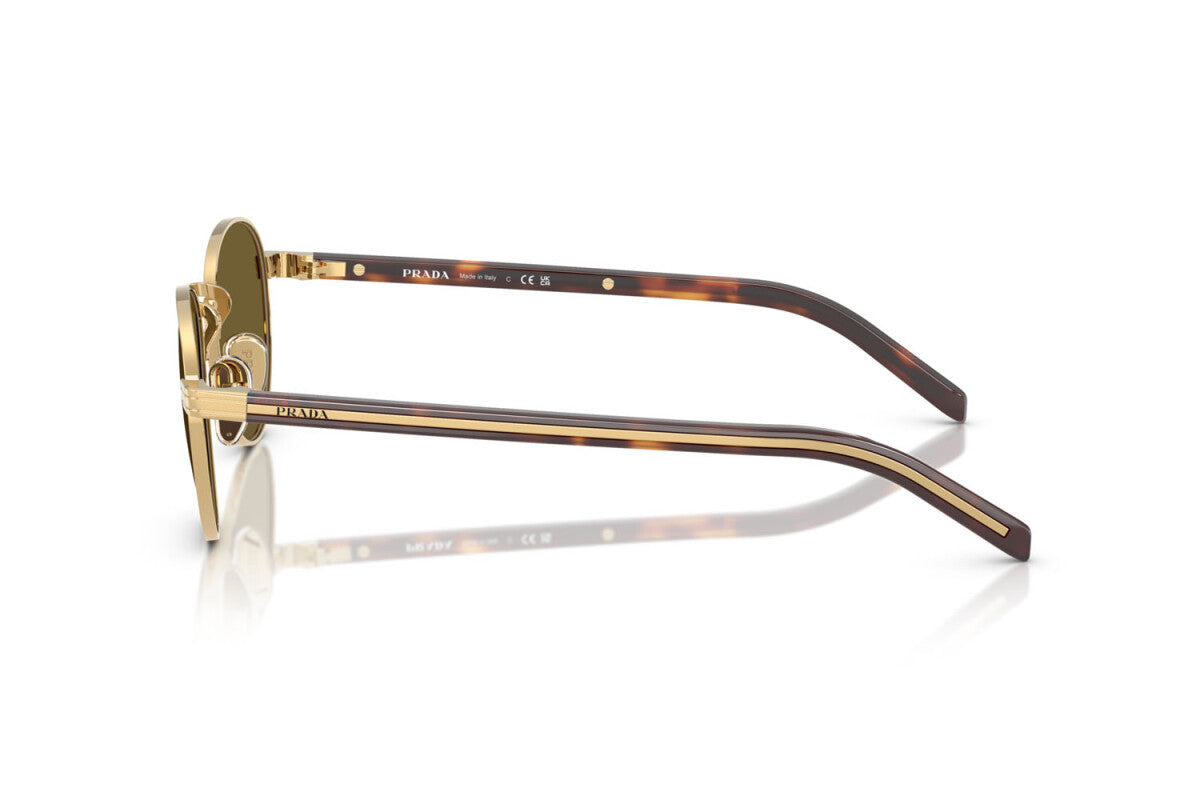 Prada PR B52S 5AK09Z round sunglasses for women in full rim steel, with gold frame, and dark brown lenses.