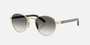 Prada PR B52S ZVN02C round sunglasses for women in full rim steel, with pale gold frame, and grey gradient lenses. 49mm in lens size, 21mm in bridge size, and 145mm in temple length.