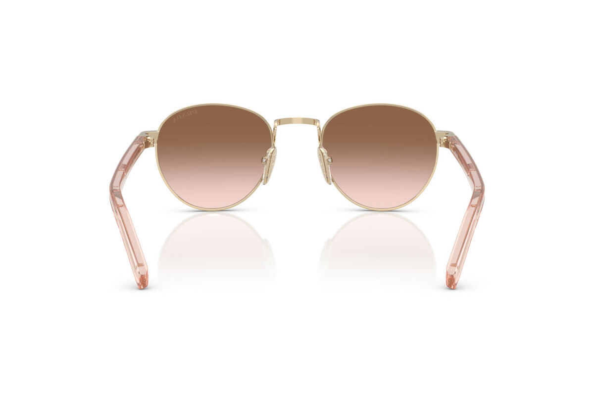 Prada PR B52S ZVN0A6 round sunglasses for women in full rim steel, with pale gold frame, and brown gradient lenses. 49mm in lens size, 21mm in bridge size, and 145mm in temple length.