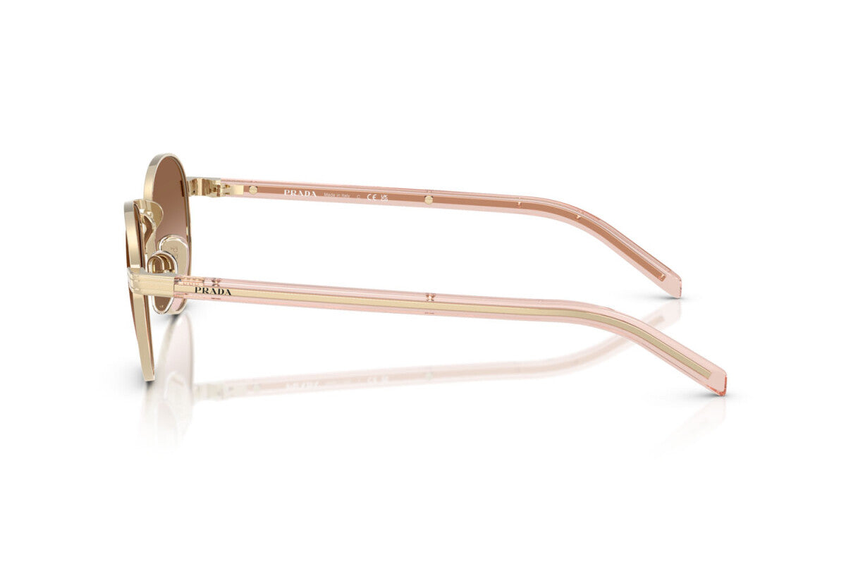Prada PR B52S ZVN0A6 round sunglasses for women in full rim steel, with pale gold frame, and brown gradient lenses. 49mm in lens size, 21mm in bridge size, and 145mm in temple length.
