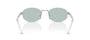 Prada PR B53S 1BC40N oval sunglasses for women in full rim steel, with silver frame, and sky blue lenses. 49mm in lens size, 21mm in bridge size, and 145mm in temple length.