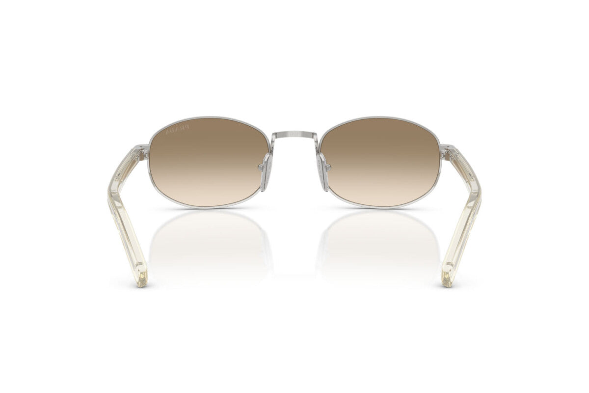 Prada PR B53S 1BC80K oval sunglasses for women in full rim steel, with silver frame, and light yellow with brown lenses. 52mm in lens size, 21mm in bridge size, and 145mm in temple length.