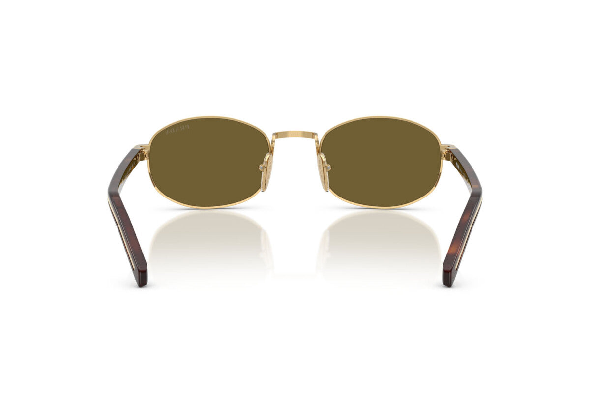 Prada PR B53S 5AK09Z oval sunglasses for women in full rim steel, with gold frame, and dark brown lenses.
