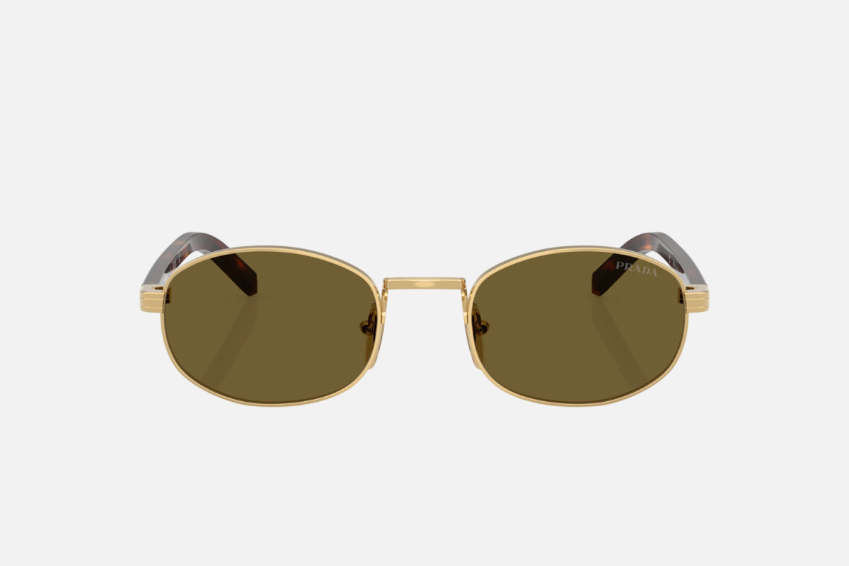 Prada PR B53S 5AK09Z oval sunglasses for women in full rim steel, with gold frame, and dark brown lenses.