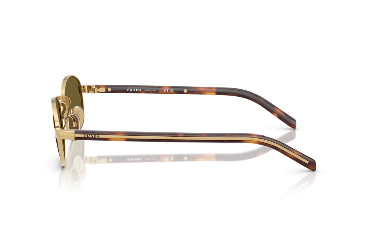 Prada PR B53S 5AK09Z oval sunglasses for women in full rim steel, with gold frame, and dark brown lenses.