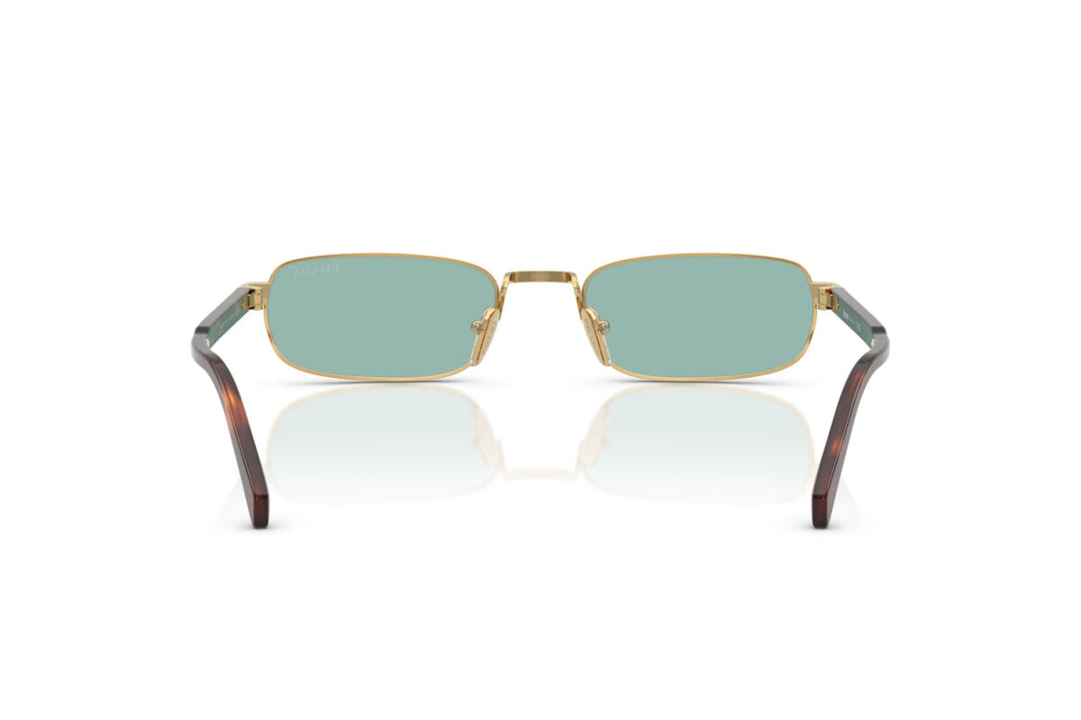 Prada PR B54S 5AK40K rectangular sunglasses for men in full rim metal, with gold frame, and petrol green lenses. 54mm in lens size, 20mm in bridge size, and 145mm in temple length.