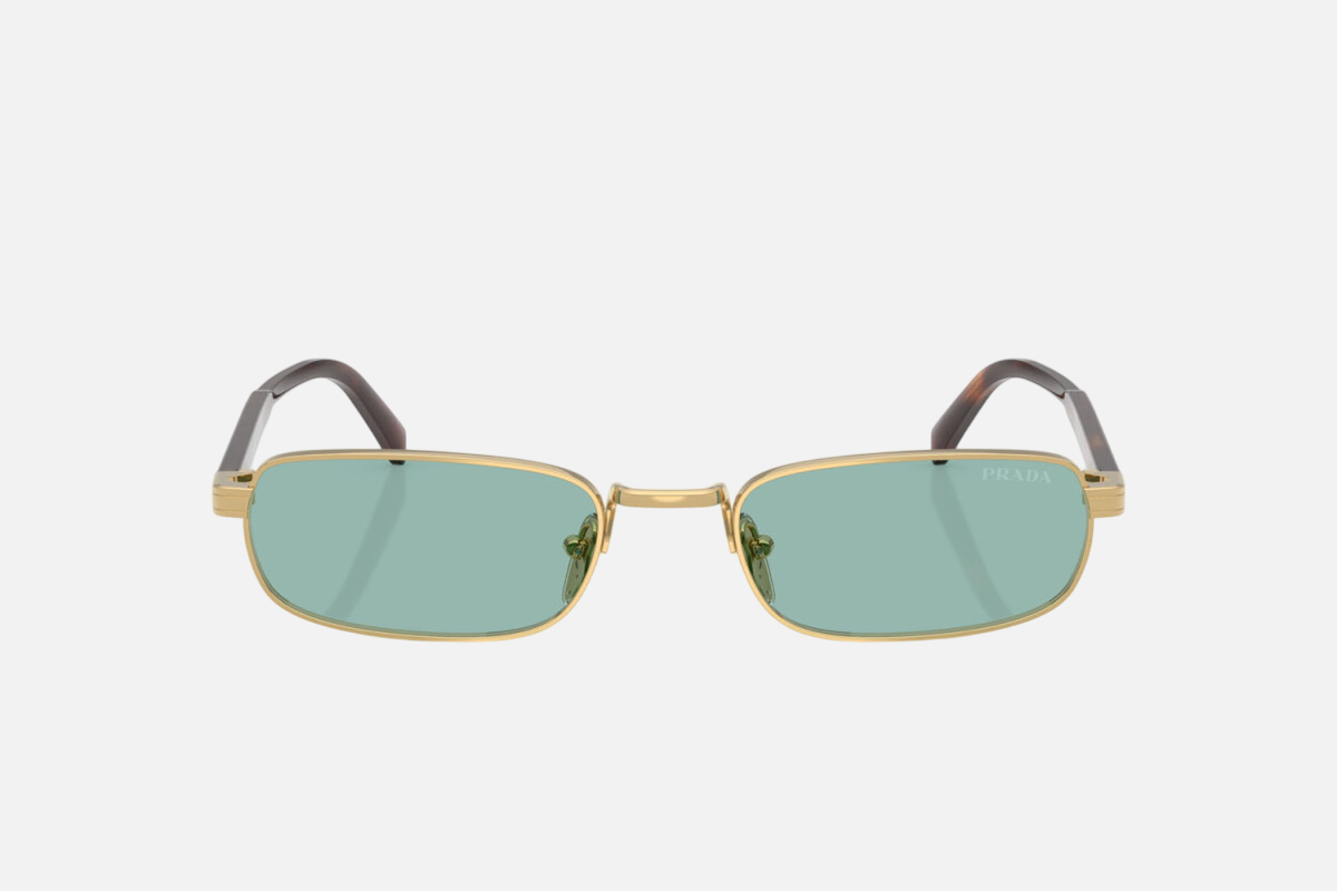 Prada PR B54S 5AK40K rectangular sunglasses for men in full rim metal, with gold frame, and petrol green lenses. 54mm in lens size, 20mm in bridge size, and 145mm in temple length.