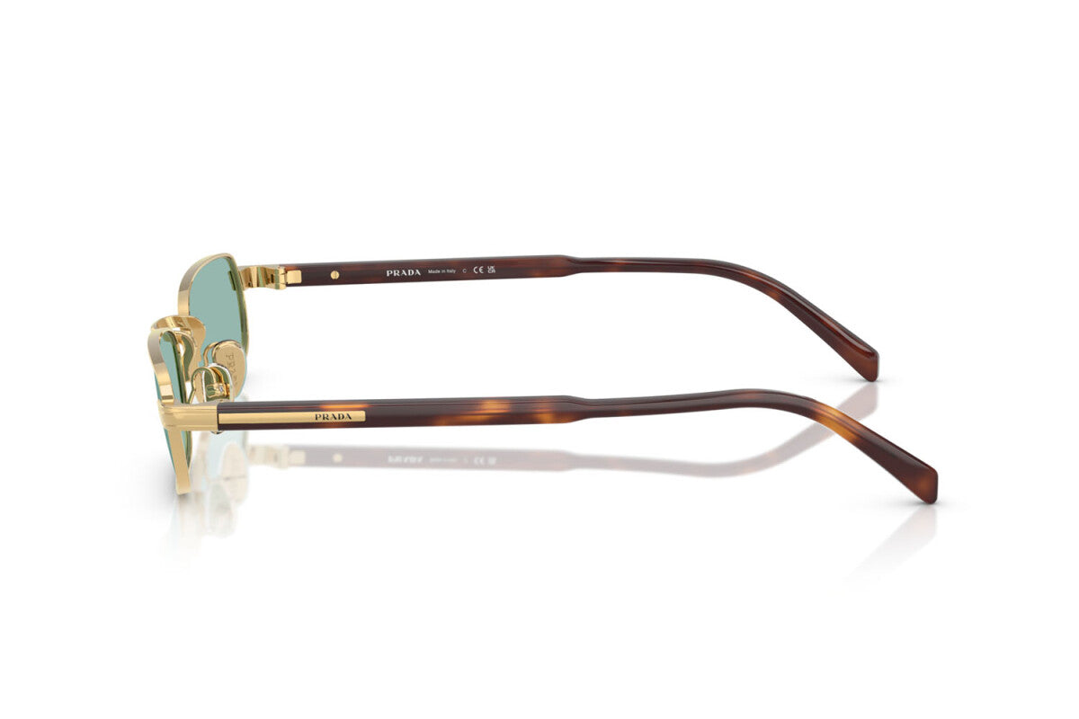 Prada PR B54S 5AK40K rectangular sunglasses for men in full rim metal, with gold frame, and petrol green lenses. 54mm in lens size, 20mm in bridge size, and 145mm in temple length.