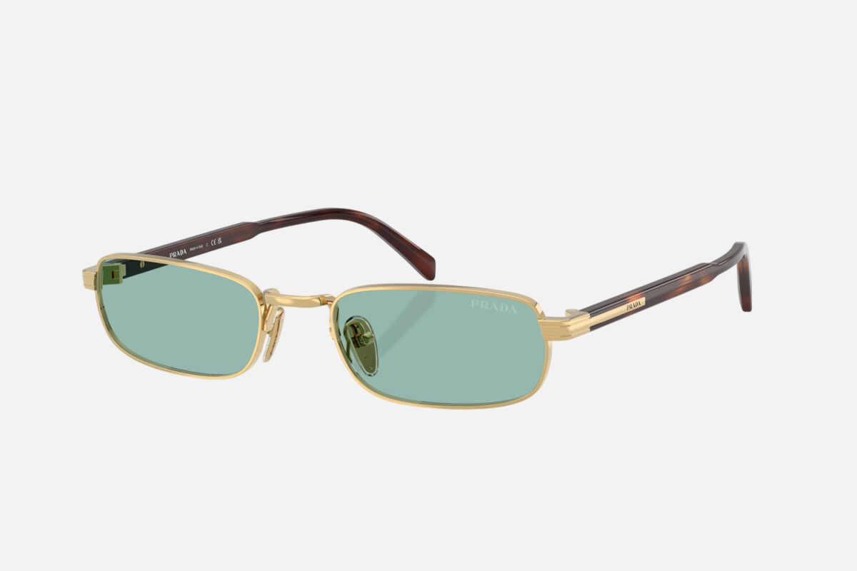 Prada PR B54S 5AK40K rectangular sunglasses for men in full rim metal, with gold frame, and petrol green lenses. 54mm in lens size, 20mm in bridge size, and 145mm in temple length.