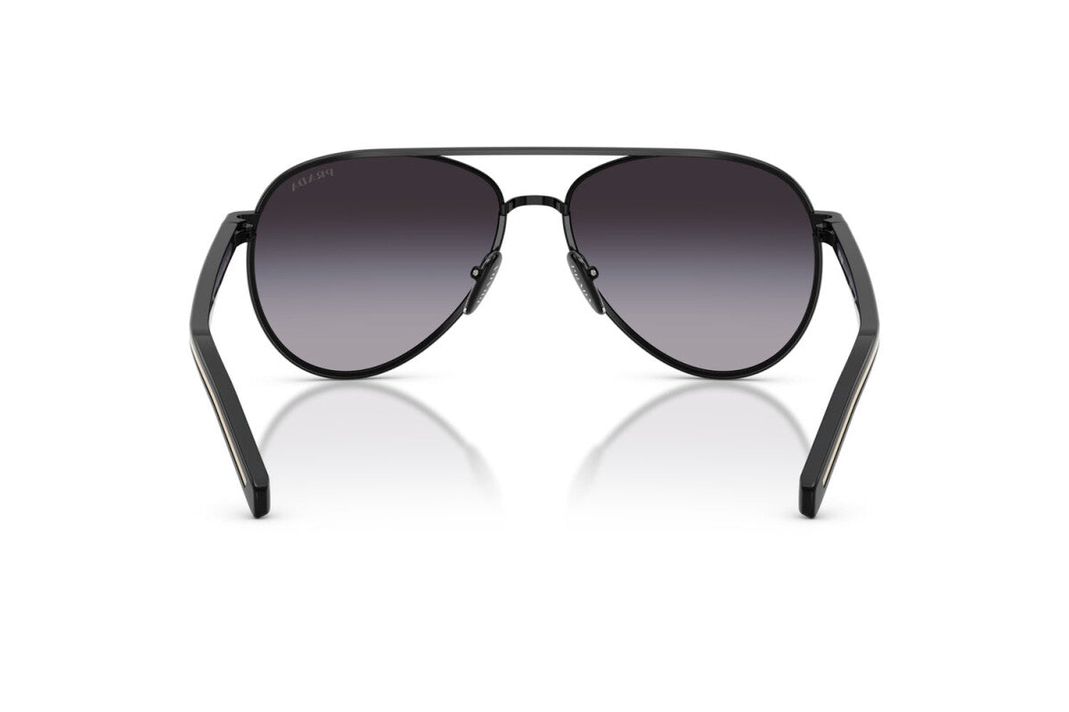 Prada PR B57S AAV90A pilot sunglasses for women in full rim steel, with black frame, and grey gradient lenses. 59mm in lens size, 15mm in bridge size, and 145mm in temple length.