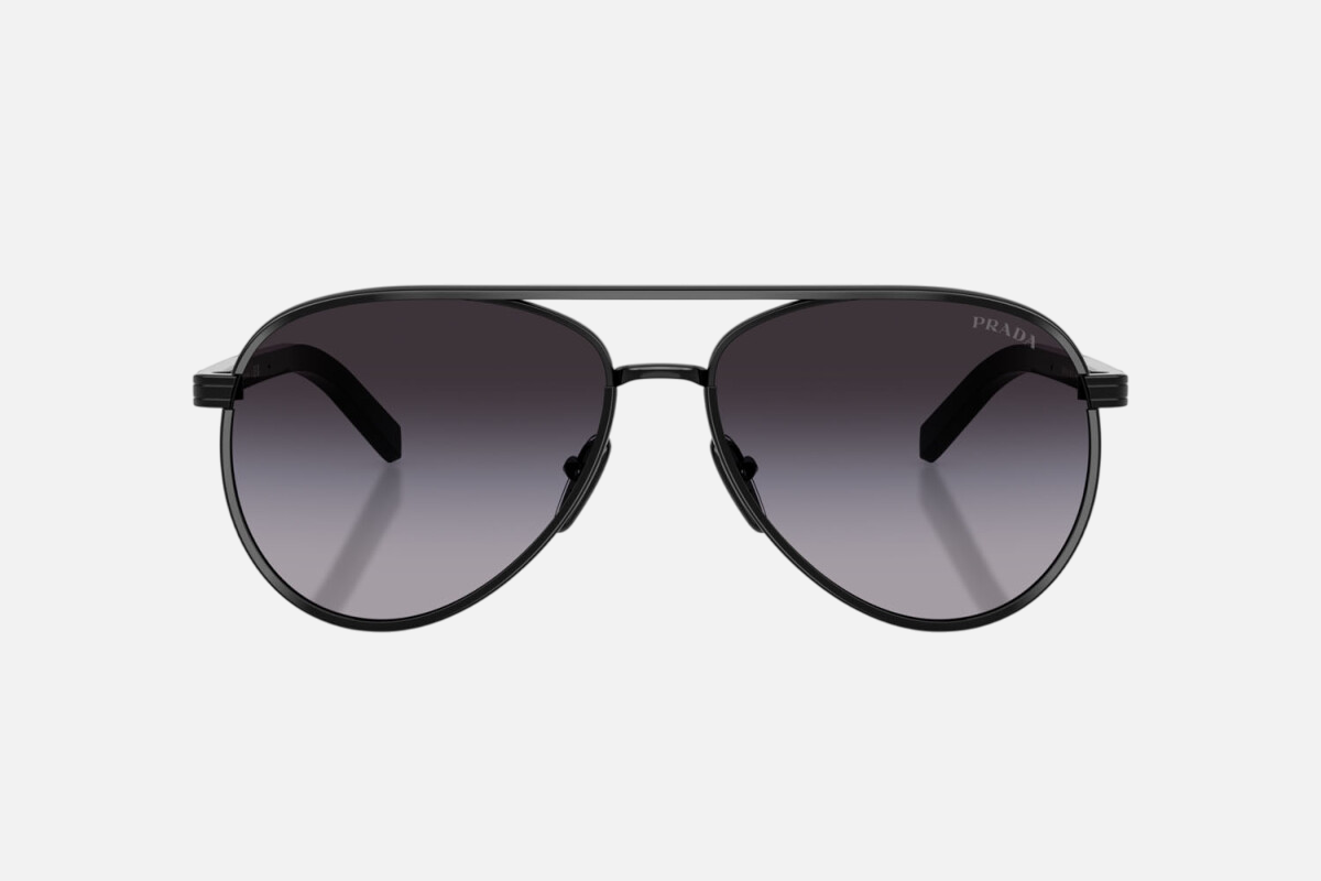 Prada PR B57S AAV90A pilot sunglasses for women in full rim steel, with black frame, and grey gradient lenses. 59mm in lens size, 15mm in bridge size, and 145mm in temple length.
