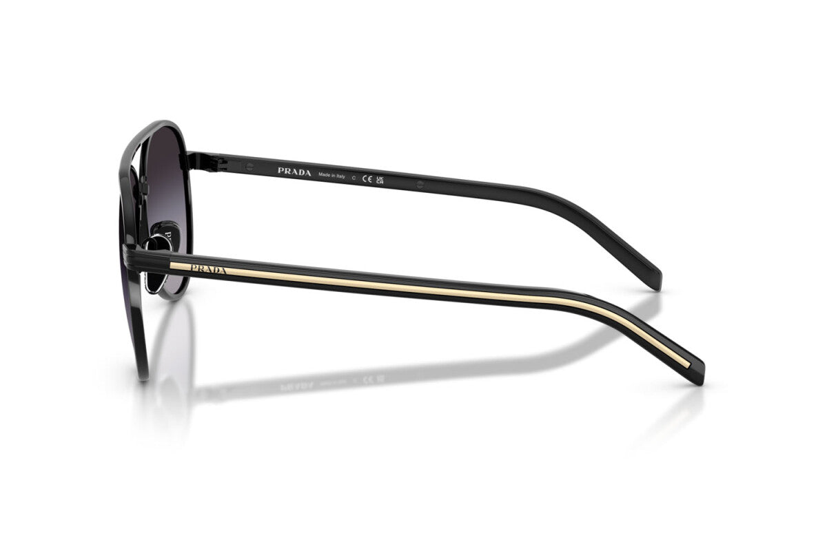 Prada PR B57S AAV90A pilot sunglasses for women in full rim steel, with black frame, and grey gradient lenses. 59mm in lens size, 15mm in bridge size, and 145mm in temple length.