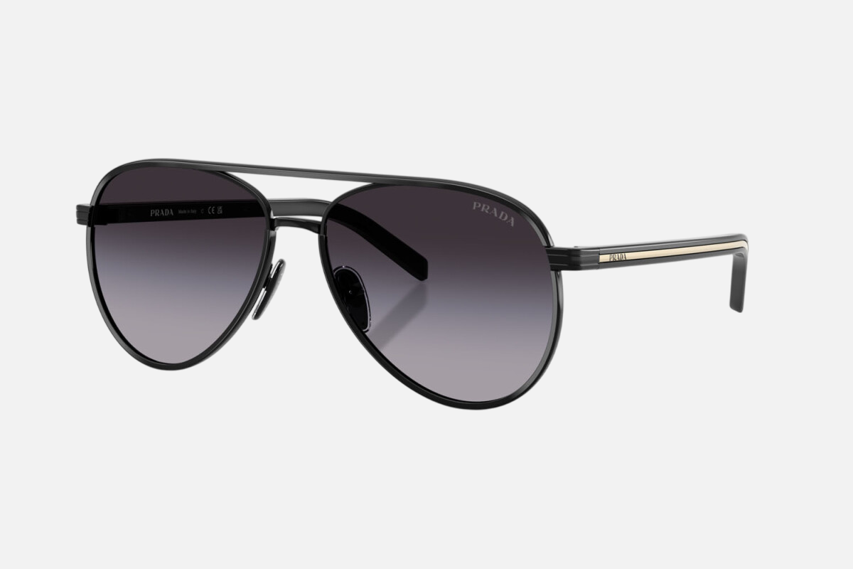 Prada PR B57S AAV90A pilot sunglasses for women in full rim steel, with black frame, and grey gradient lenses. 59mm in lens size, 15mm in bridge size, and 145mm in temple length.