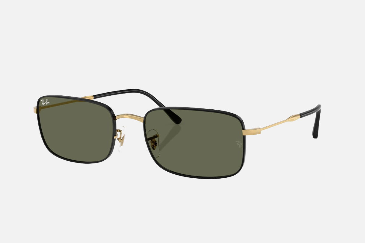 Ray-Ban RB3746 927158 unisex's full rim rectangular sunglasses in a black metal frame with g-15 green polarized lenses. Features a 59 mm lens size, 20 mm bridge size, and 145 mm temple length. Available in Dubai, UAE.