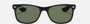 Ray-Ban Junior New Wayfarer Kids RJ9052S 100/71 square sunglasses for kids in full rim injected, with polished black frame, and dark green lenses. 47mm in lens size, 15mm in bridge size, and 125mm in temple length.