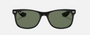 Ray-Ban Junior New Wayfarer Kids RJ9052S 100/71 square sunglasses for kids in full rim injected, with polished black frame, and dark green lenses. 47mm in lens size, 15mm in bridge size, and 125mm in temple length.
