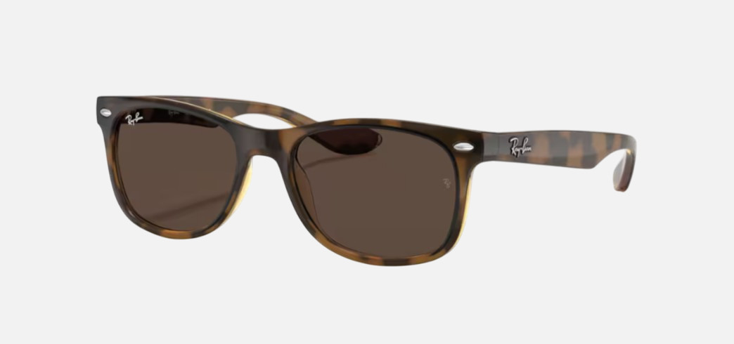 Ray-Ban Junior New Wayfarer Kids RJ9052S 152/73 square sunglasses for kids in full rim injected, with polished havana frame, and dark brown lenses. 47mm in lens size, 15mm in bridge size, and 125mm in temple length.