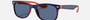 Ray-Ban Junior New Wayfarer Kids RJ9052S 178/80 square sunglasses for kids in full rim injected, with polished blue on orange frame, and blue lenses. 47mm in lens size, 15mm in bridge size, and 125mm in temple length.