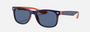 Ray-Ban Junior New Wayfarer Kids RJ9052S 178/80 square sunglasses for kids in full rim injected, with polished blue on orange frame, and blue lenses. 47mm in lens size, 15mm in bridge size, and 125mm in temple length.