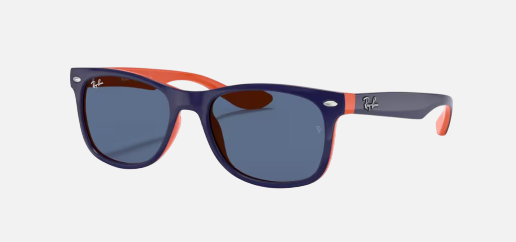 Ray-Ban Junior New Wayfarer Kids RJ9052S 178/80 square sunglasses for kids in full rim injected, with polished blue on orange frame, and blue lenses. 47mm in lens size, 15mm in bridge size, and 125mm in temple length.