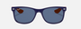 Ray-Ban Junior New Wayfarer Kids RJ9052S 178/80 square sunglasses for kids in full rim injected, with polished blue on orange frame, and blue lenses. 47mm in lens size, 15mm in bridge size, and 125mm in temple length.