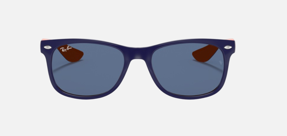 Ray-Ban Junior New Wayfarer Kids RJ9052S 178/80 square sunglasses for kids in full rim injected, with polished blue on orange frame, and blue lenses. 47mm in lens size, 15mm in bridge size, and 125mm in temple length.