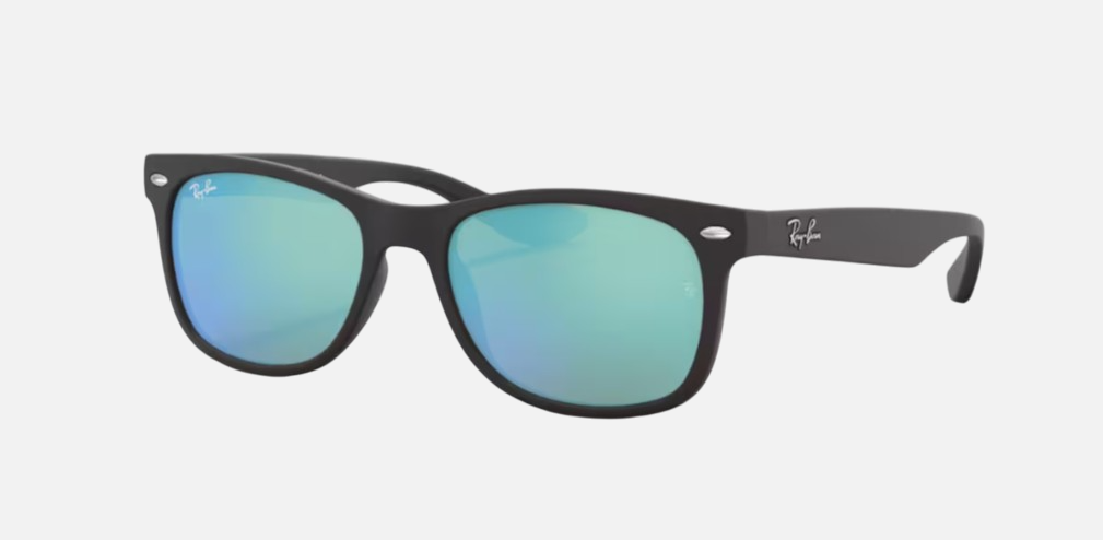 Ray-Ban Junior New Wayfarer Kids RJ9052S 100S55 square sunglasses for kids in full rim injected, with matte black frame, and blue lenses. 47mm in lens size, 15mm in bridge size, and 125mm in temple length.