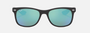 Ray-Ban Junior New Wayfarer Kids RJ9052S 100S55 square sunglasses for kids in full rim injected, with matte black frame, and blue lenses. 47mm in lens size, 15mm in bridge size, and 125mm in temple length.