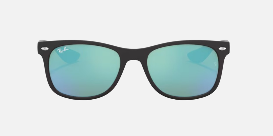 Ray-Ban Junior New Wayfarer Kids RJ9052S 100S55 square sunglasses for kids in full rim injected, with matte black frame, and blue lenses. 47mm in lens size, 15mm in bridge size, and 125mm in temple length.