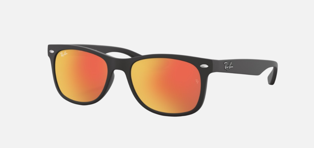 Ray-Ban Junior New Wayfarer Kids RJ9052S 100S6Q square sunglasses for kids in full rim injected, with matte black frame, and brown mirrored orange lenses. 47mm in lens size, 15mm in bridge size, and 125mm in temple length.