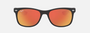 Ray-Ban Junior New Wayfarer Kids RJ9052S 100S6Q square sunglasses for kids in full rim injected, with matte black frame, and brown mirrored orange lenses. 47mm in lens size, 15mm in bridge size, and 125mm in temple length.