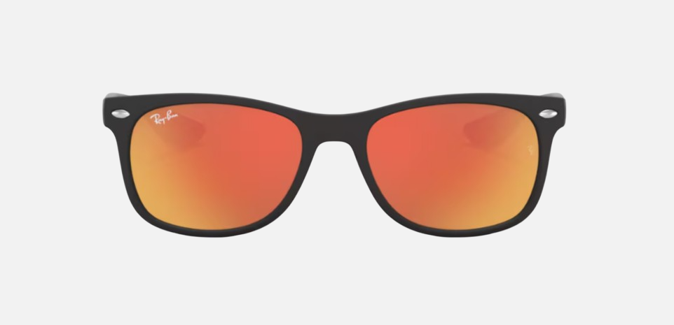 Ray-Ban Junior New Wayfarer Kids RJ9052S 100S6Q square sunglasses for kids in full rim injected, with matte black frame, and brown mirrored orange lenses. 47mm in lens size, 15mm in bridge size, and 125mm in temple length.