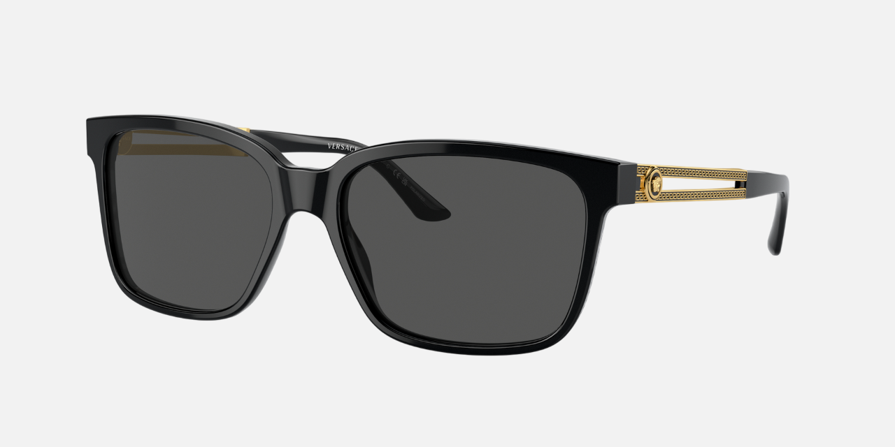 Versace VE4307 GB187 square sunglasses for men in full rim plastic, with black frame, and grey lenses. 58mm in lens size, 17mm in bridge size, and 145mm in temple length.