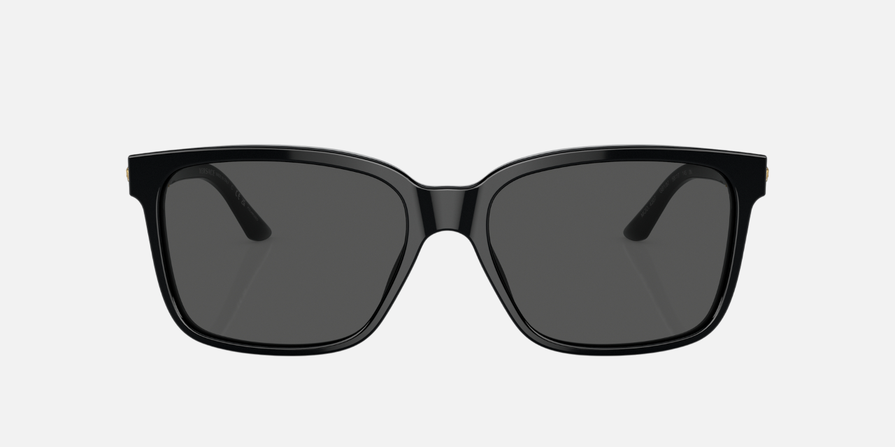 Versace VE4307 GB187 square sunglasses for men in full rim plastic, with black frame, and grey lenses. 58mm in lens size, 17mm in bridge size, and 145mm in temple length.