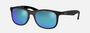 Ray-Ban Junior RJ9062S 701355 square sunglasses for kids in full rim injected, with matte black frame, and blue flash lenses. 48mm in lens size, 16mm in bridge size, and 125mm in temple length.